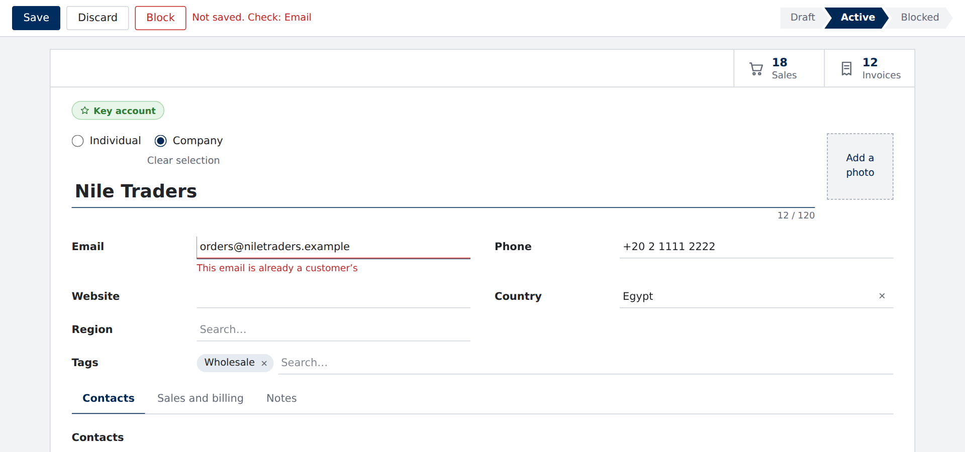 A customer record not saved: Not saved. Check: Email beside Save, and This email is already a customer’s under the Email field