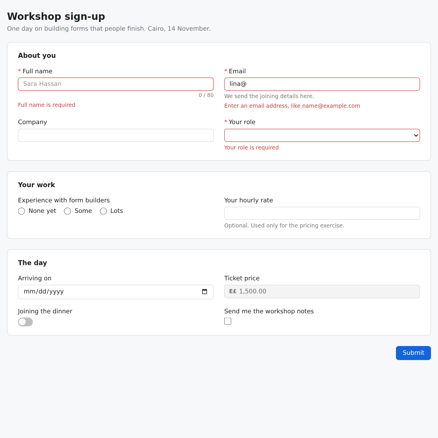 A workshop sign-up after Send: Full name is required, Enter an email address, Your role is required, each in red under its field