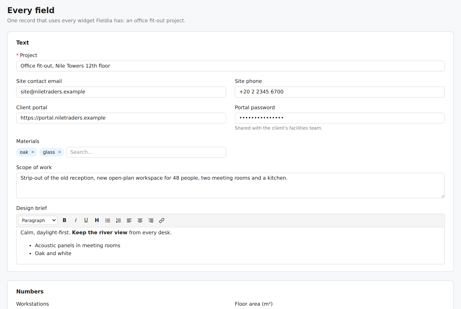 A form of every field: a project name, an email, a phone, a portal link, a password, material tags, a scope of work and a rich-text design brief
