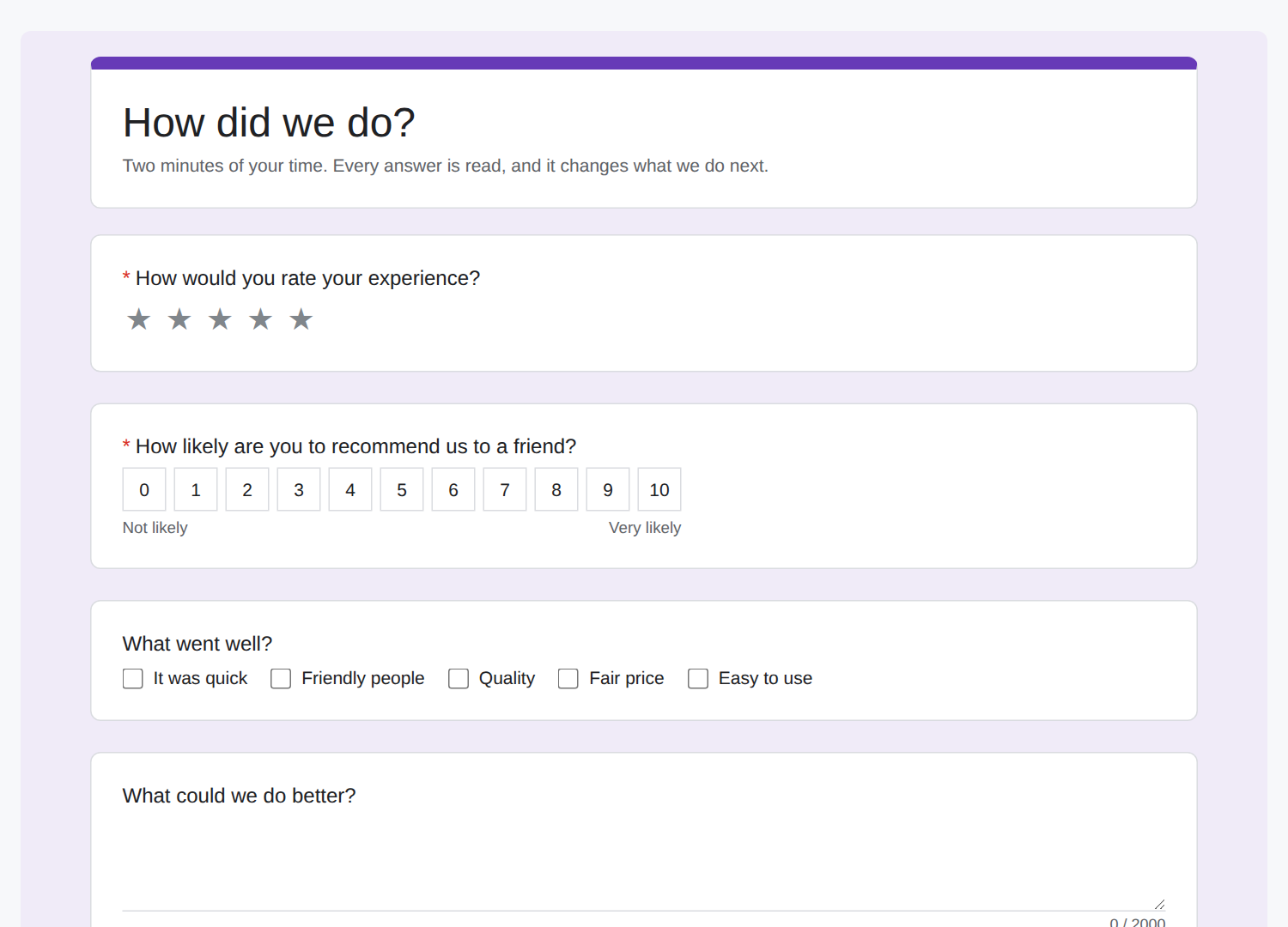 A customer feedback survey in the Google Forms look: a purple band over the title card, then a card for each question with stars, a 0 to 10 scale and checkboxes