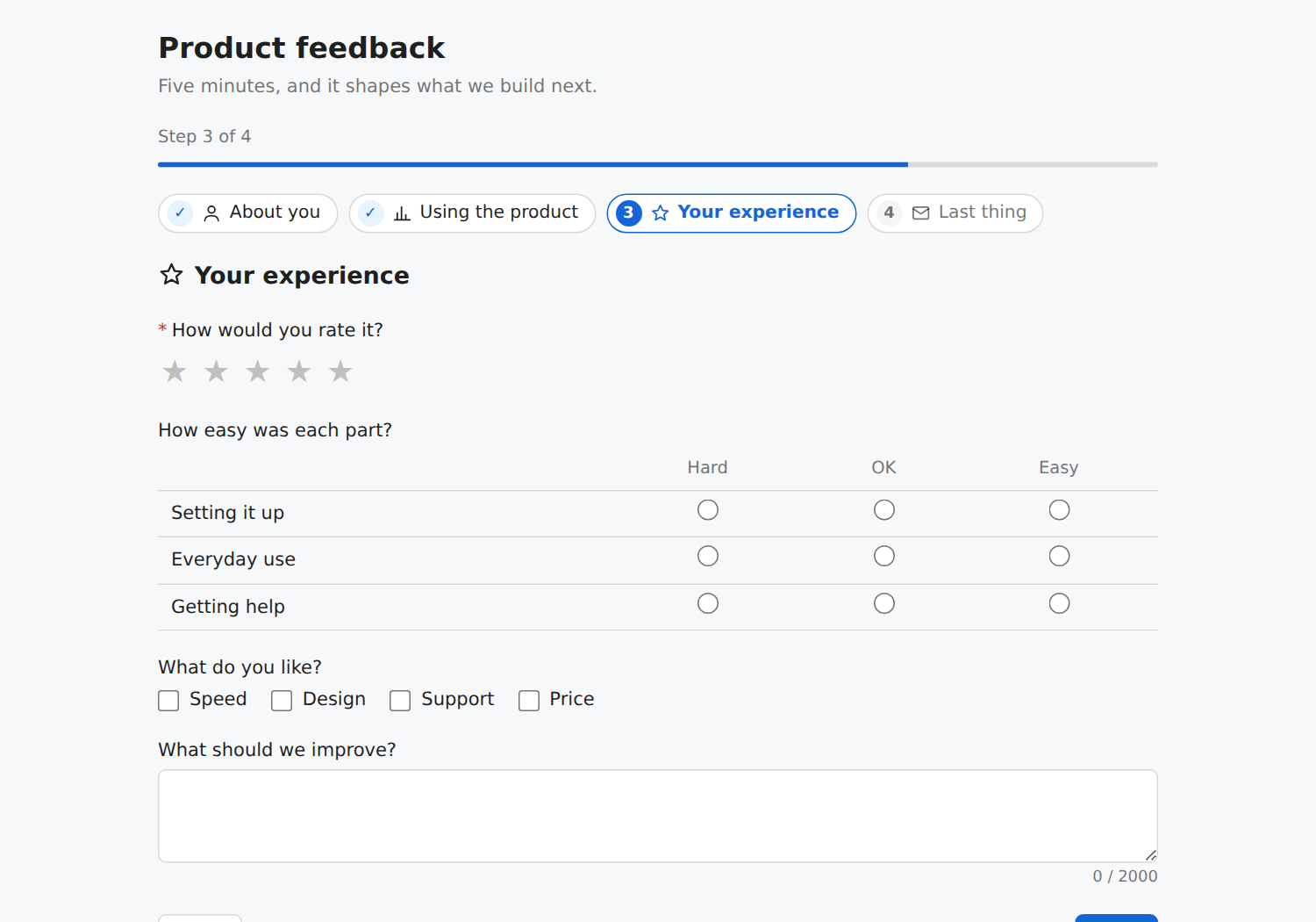 Step 3 of 4 of a product survey: two steps ticked, a five-star rating, a grid of how easy each part was, and checkboxes