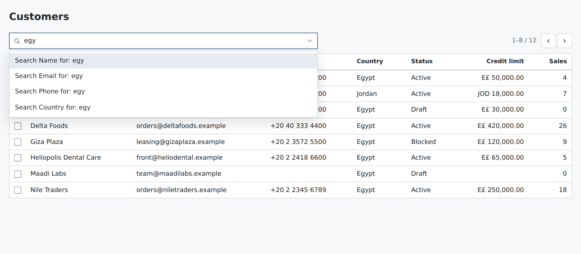 A customer list with egy typed in the search bar, offering Search Name, Email, Phone or Country for egy