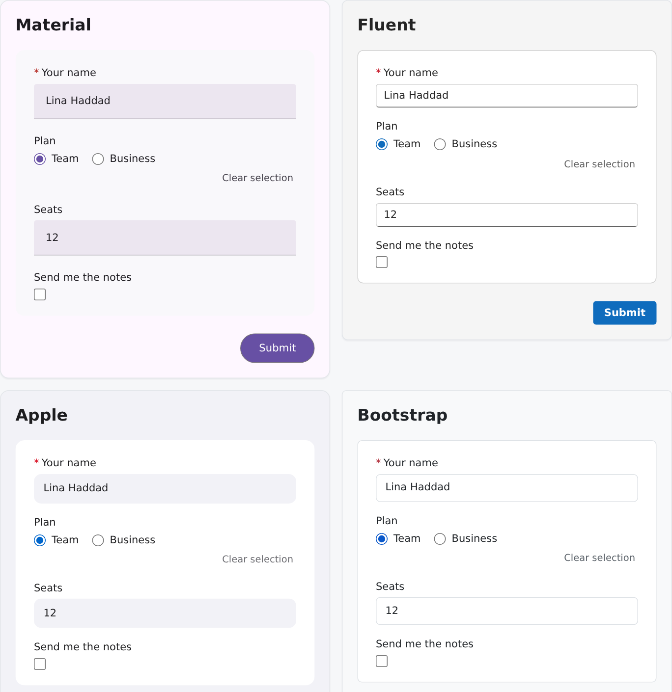 The same short form in four themes: Material, Fluent, Apple and Bootstrap