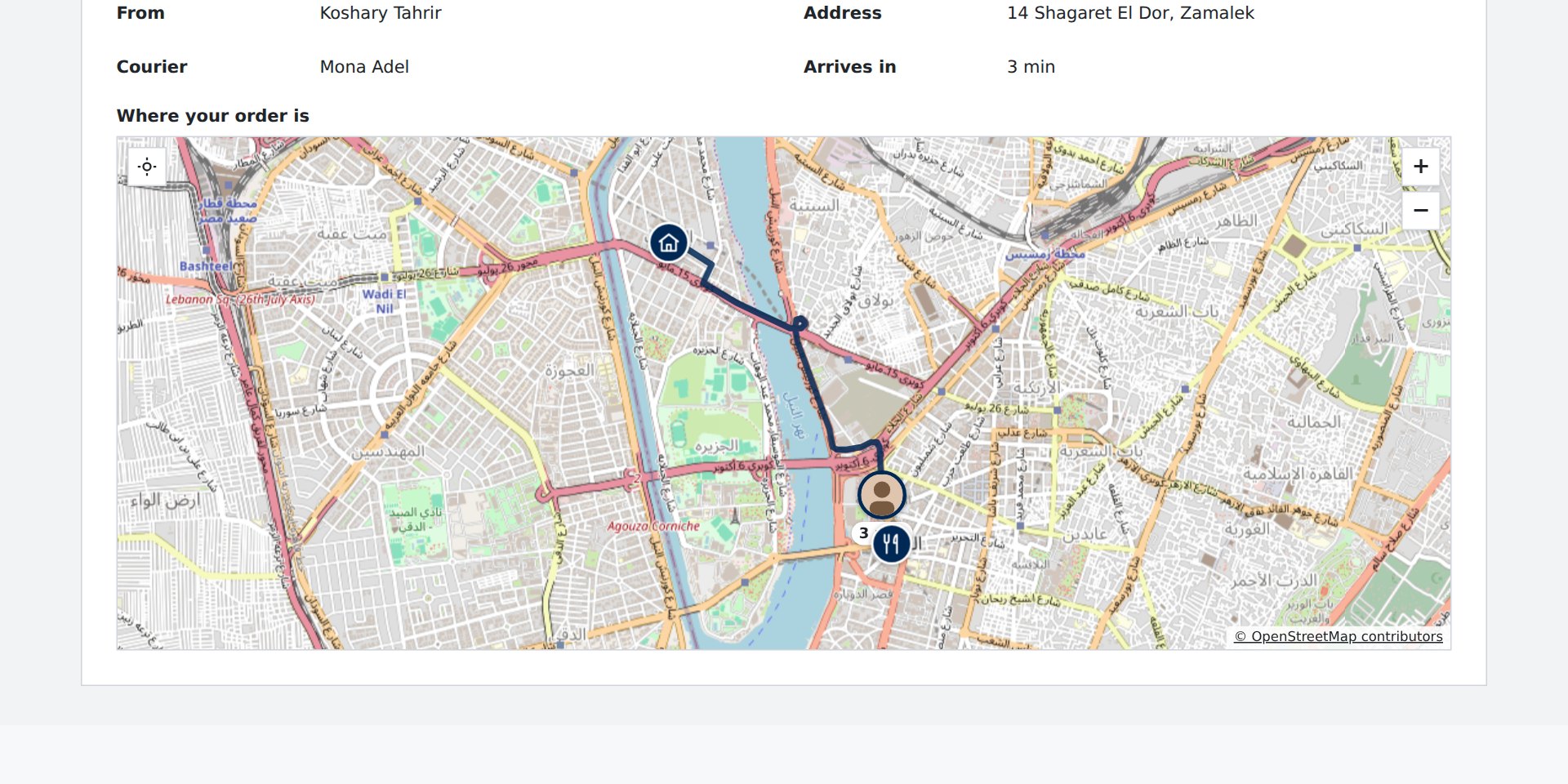 An order’s map: the kitchen, the courier’s photo on the road with 4 min under it, the road travelled faded, the door in Zamalek