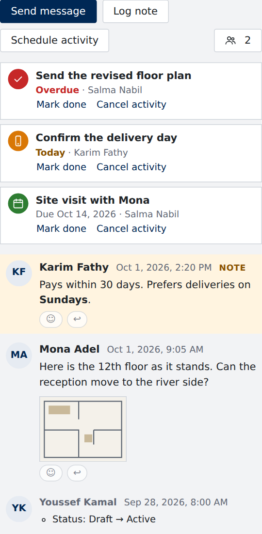 The chatter beside a customer: three scheduled activities, one overdue, a note and a message with a floor plan attached