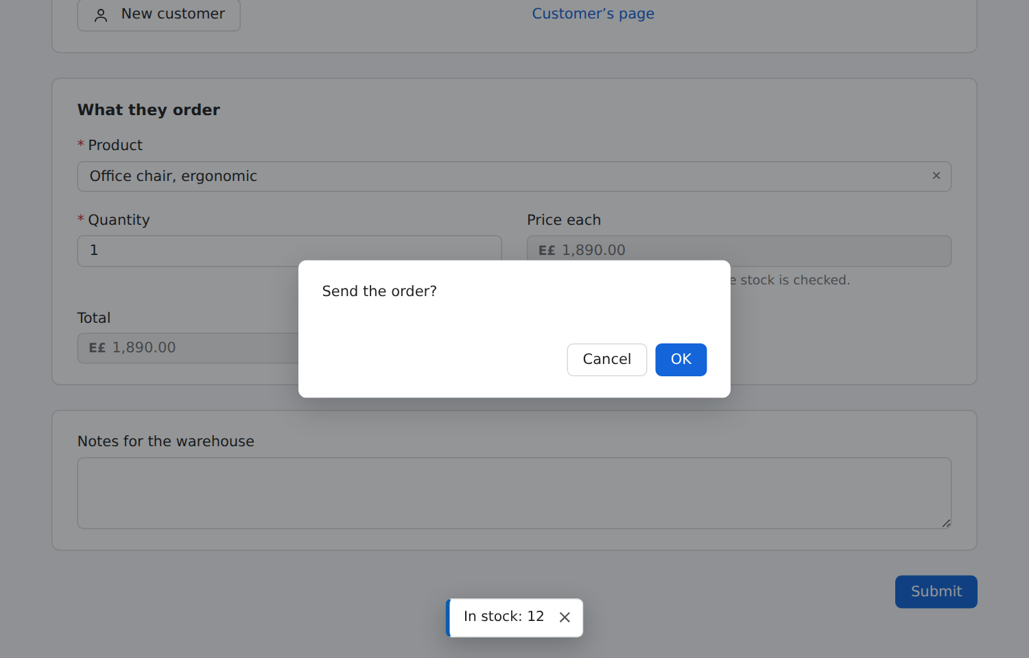 An order with a Send the order? question and Cancel and OK buttons over it, and In stock: 12 said in a toast below