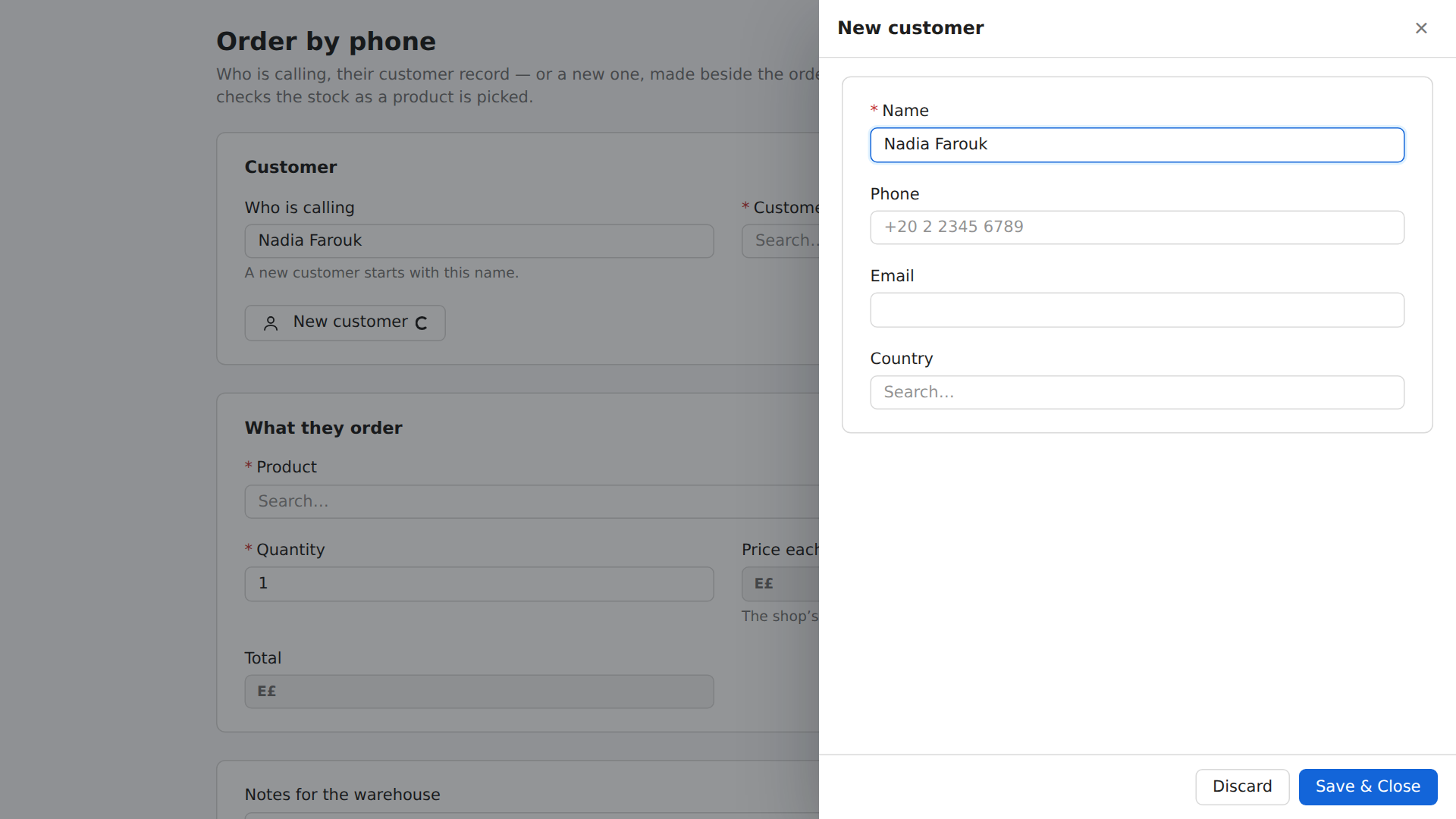 Order by phone: a New customer side panel open over the order, its name already filled in with the caller’s