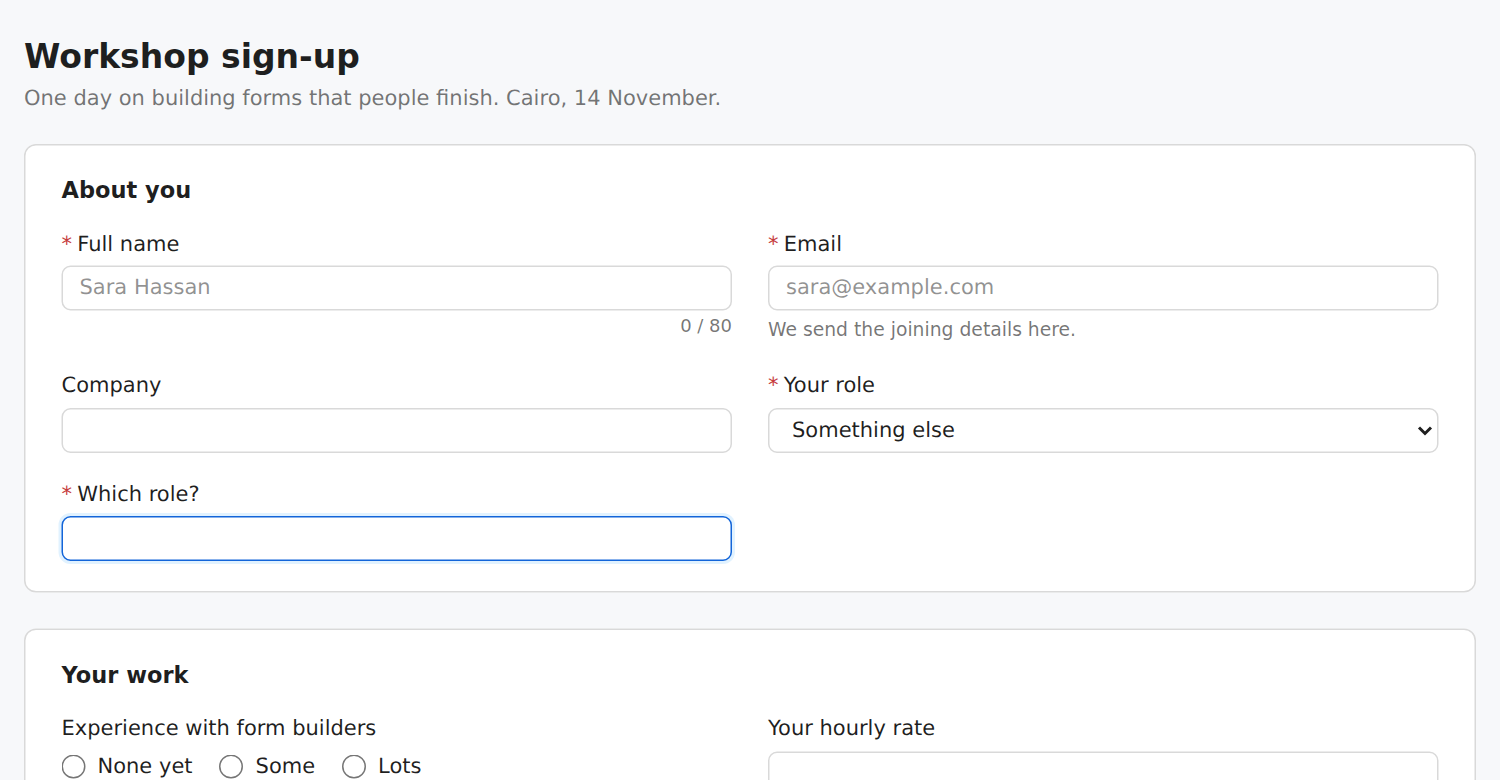A sign-up where Your role is Something else, and a required Which role? box has appeared under it